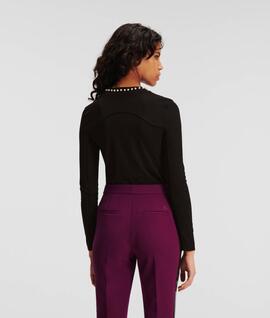 Top Karl Manga Larga Perlas Negro para Mujer