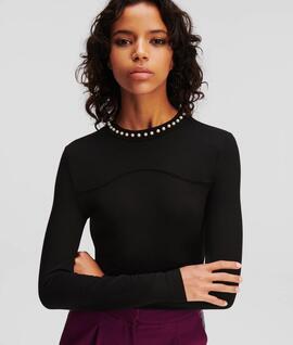 Top Karl Manga Larga Perlas Negro para Mujer