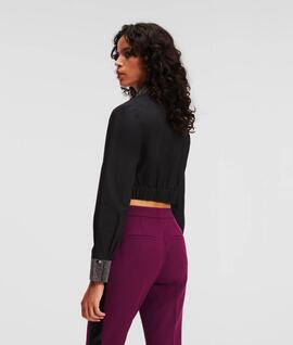 Camisa Karl Cropped Pedrería Negra para Mujer