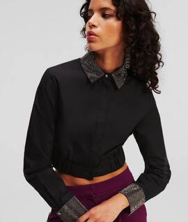Camisa Karl Cropped Pedrería Negra para Mujer