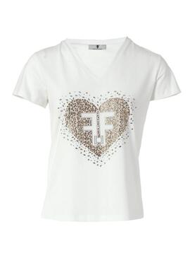 Camiseta Fracomina Corazón Brillos Blanca para Mujer