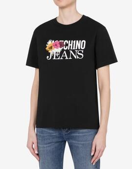 Camisetas Moschino Logo Con Flores Negra para Mujer