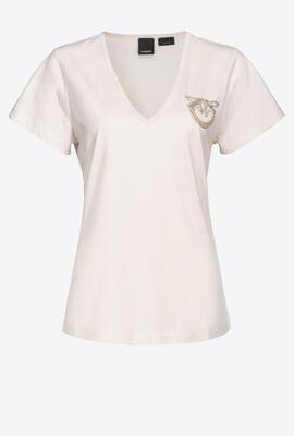 Camiseta Pinko Escote Pico Logo Beige para Mujer