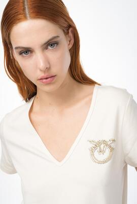 Camiseta Pinko Escote Pico Logo Beige para Mujer