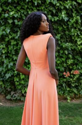 Vestido Cayma Evase Flores Cintura Midi Naranja