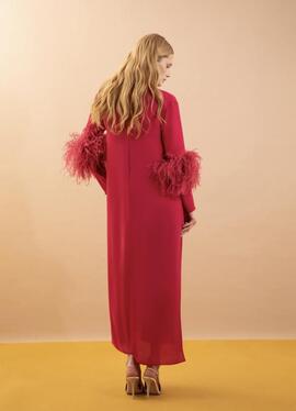 Vestido Victoria Plumas Mangas Frambuesa