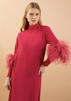 Vestido Victoria Plumas Mangas Frambuesa