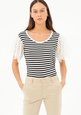 Camiseta Fracomina Striped Tshirt Black Cream para Mujer