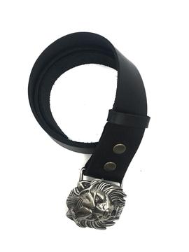 Cinturón Piel Negra Hebilla Cabeza León Plateada para Mujer