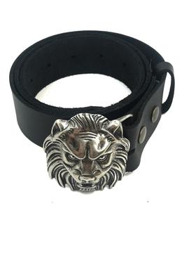 Cinturón Piel Negra Hebilla Cabeza León Plateada para Mujer
