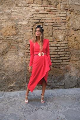 Vestido Seda y Color Peplum Rojo para Mujer