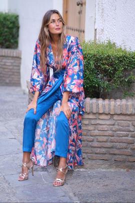 Kaftán y Pantalón Seda y Color Azul para Mujer