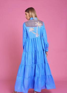 Vestido Largo Dimora Bordado Palmera Azul para Mujer