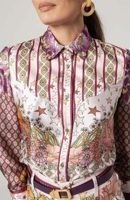 Camisa Canesú Masavi Velute Estam Flores Geo Rosa para Mujer