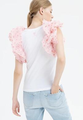 Camiseta Fracomina Mangas Flor Rosa y Blanco para Mujer